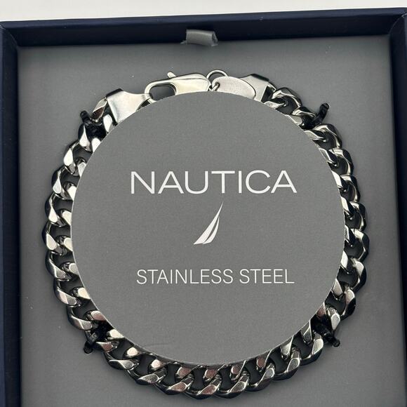 Nautica mens stainless steel Cuban link chain bracelet 8.5 in lobster clasp NIB - Picture 1 of 16